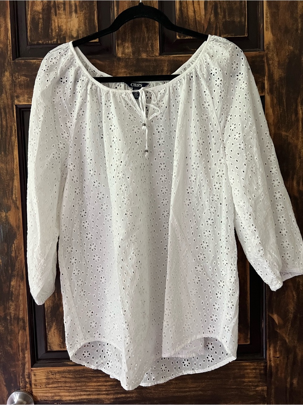 Chaps White Eyelet Tie-Neck Peasant Blouse